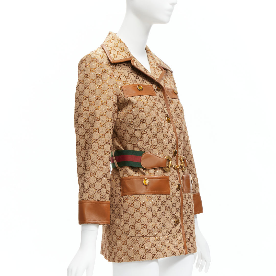 GUCCI 2022 Aria crystal embellished Horsebit web belt GG canvas jacket IT38 XS
