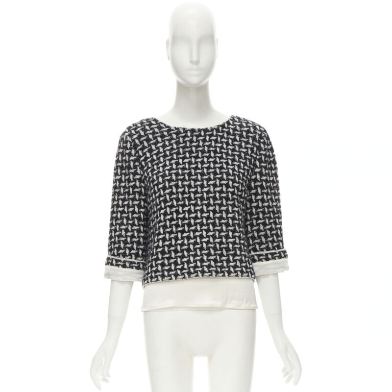 ST JOHN COUTURE metallic black white lattice crystal buttons layered top US6 M