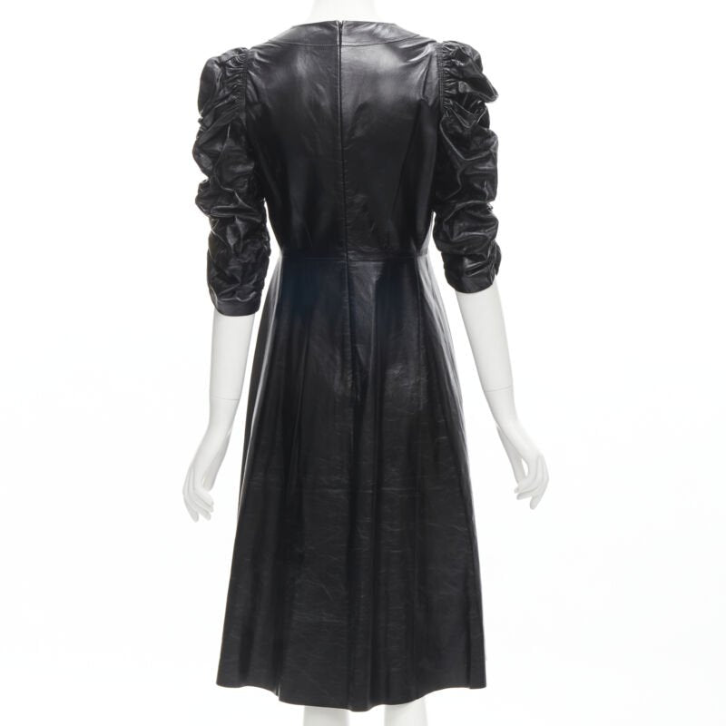 rare OLD CELINE Phoebe Philo black shiney lambskin rusched sleeve dress FR36 S