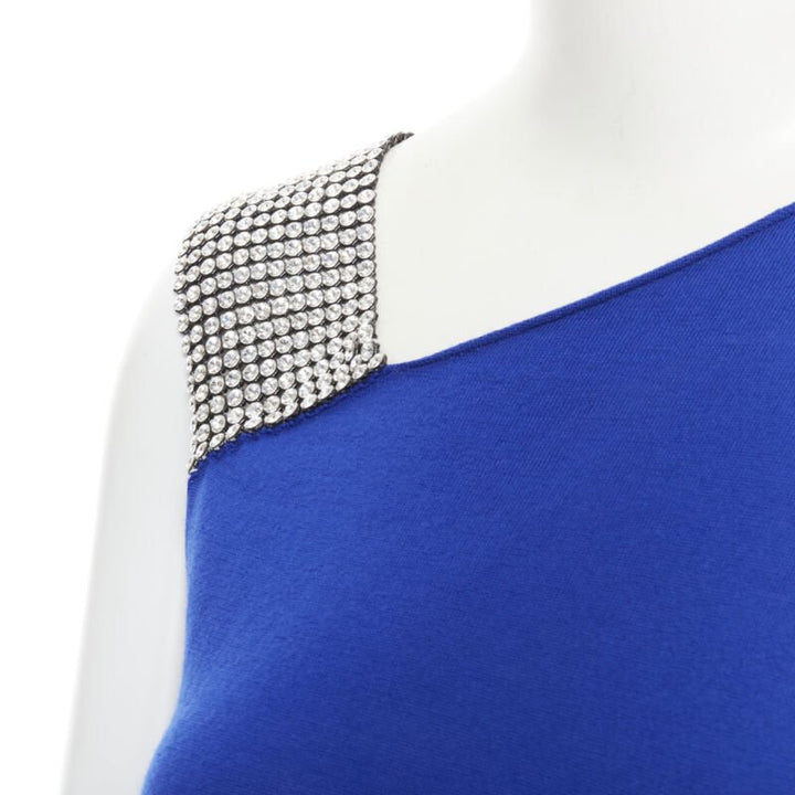 BALMAIN blue wool crystal rhinestone embellished strap asymmetric dress FR36 S