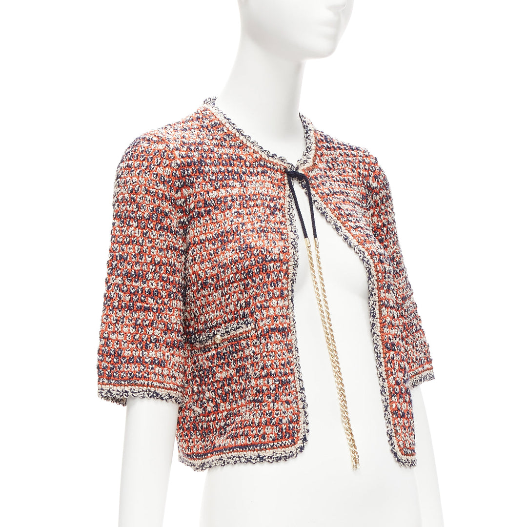 CHANEL 2011 red boule knit CC logo gold chain cropped jacket FR36 S