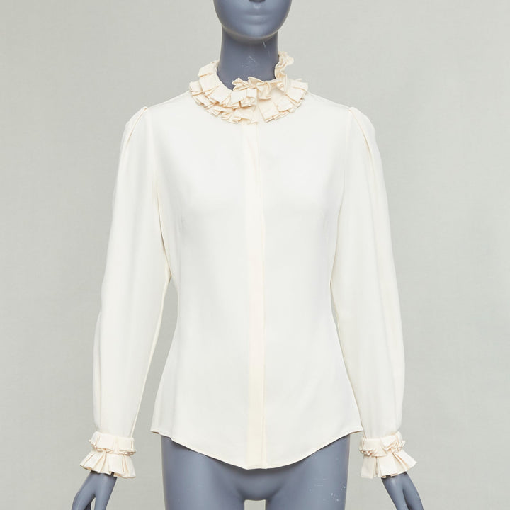 ALEXANDER MCQUEEN 100% silk cream Victorian ruffle collar darted blouse IT38 XS