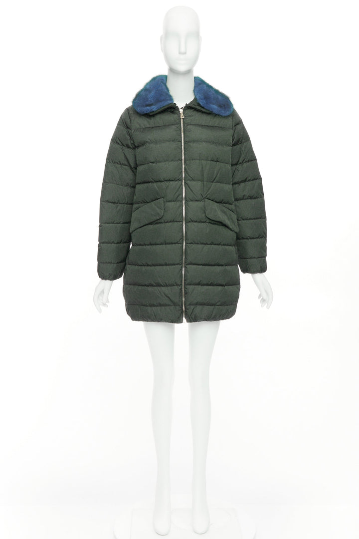 MONCLER Indis Giabotto blue fur collar khaki quilt puffer jacket Sz1