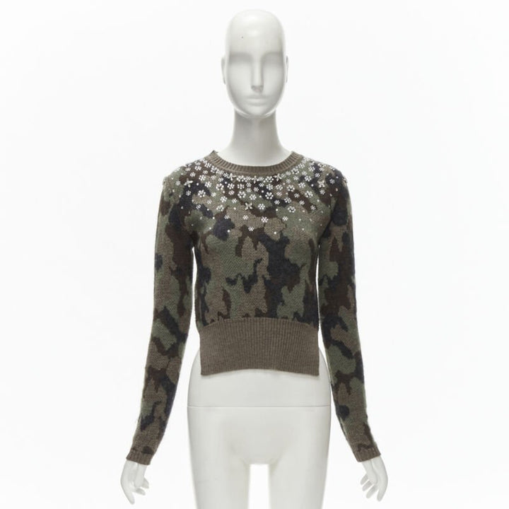 GIAMBATTISTA VALLI 2021 green camo crystal embellished cropped sweater IT38 XS