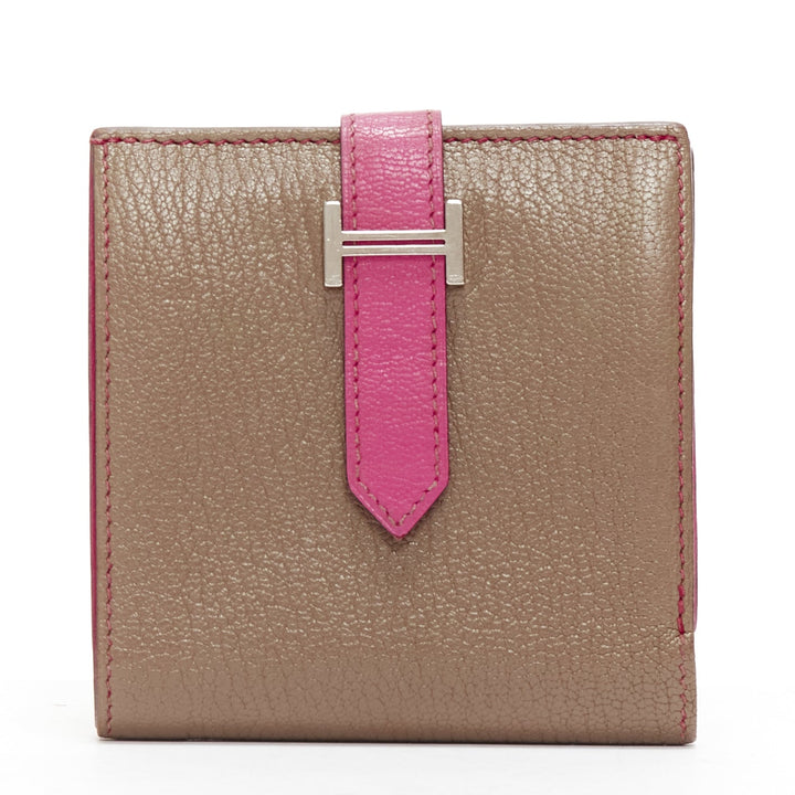HERMES Bearn brown pink leather H logo strap bifold square wallet