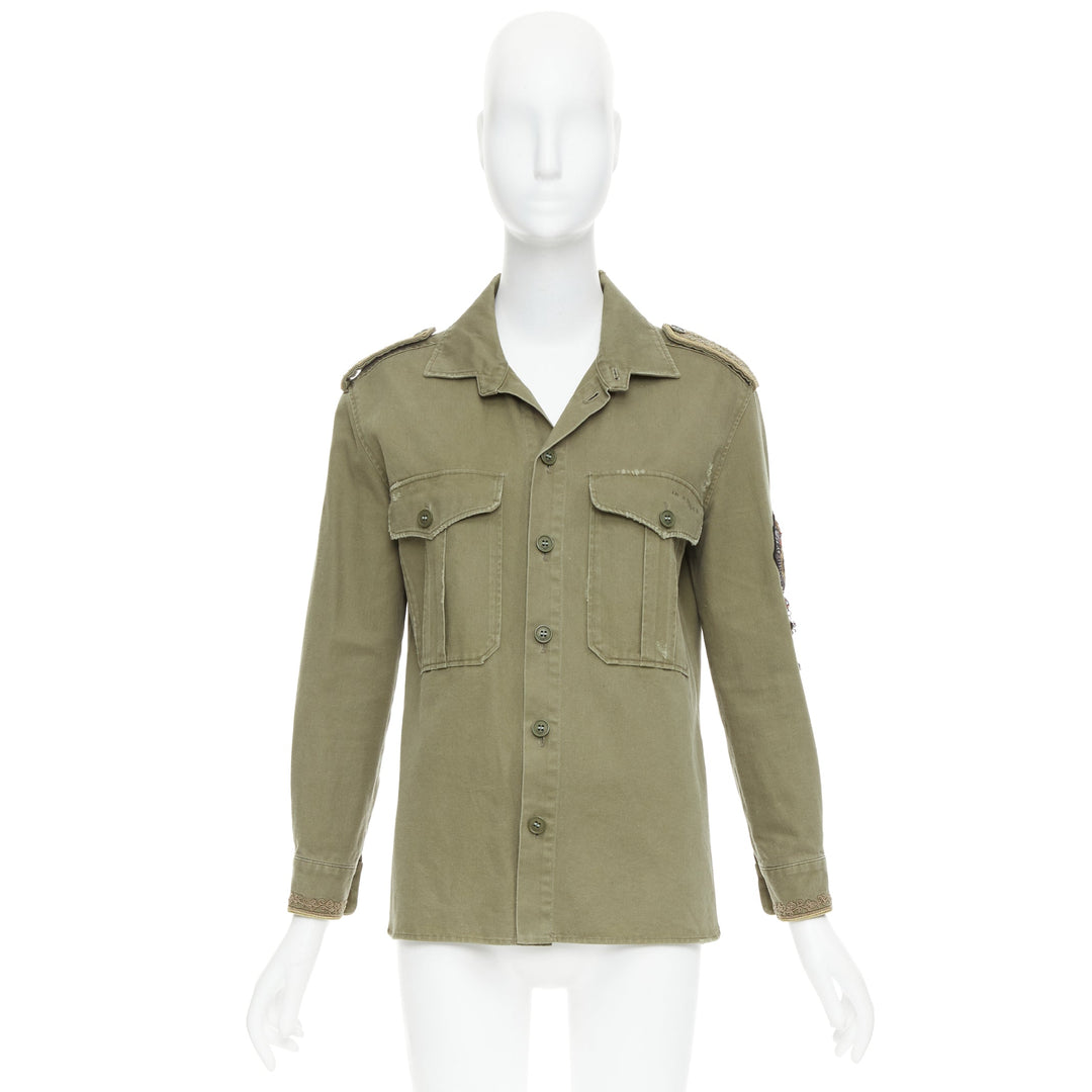 SAINT LAURENT 2018 green cotton military charms badge over shirt FR38 M