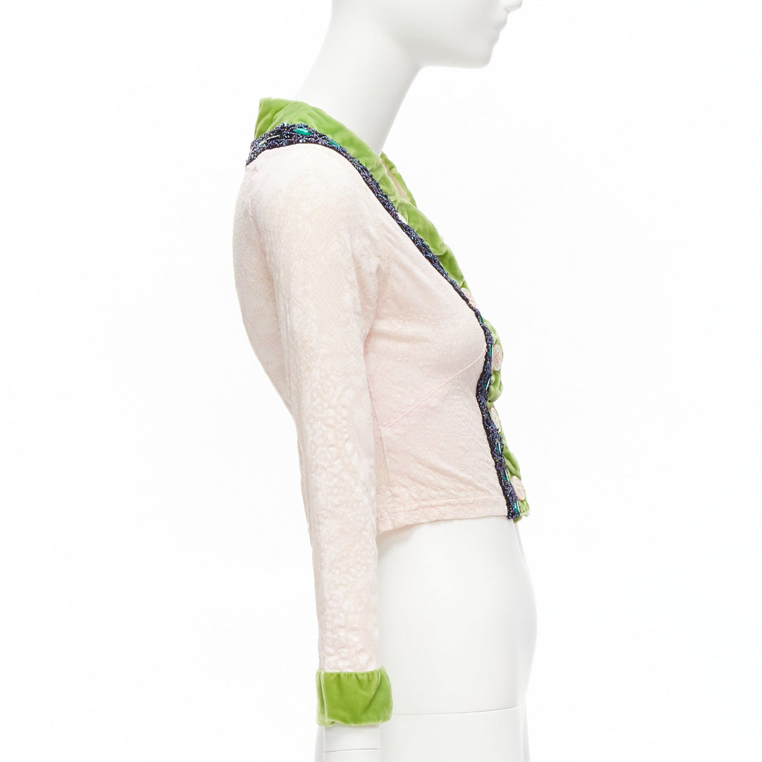 VOYAGE INVEST IN THE ORIGINAL LONDON green velvet pink lace beaded jacket M