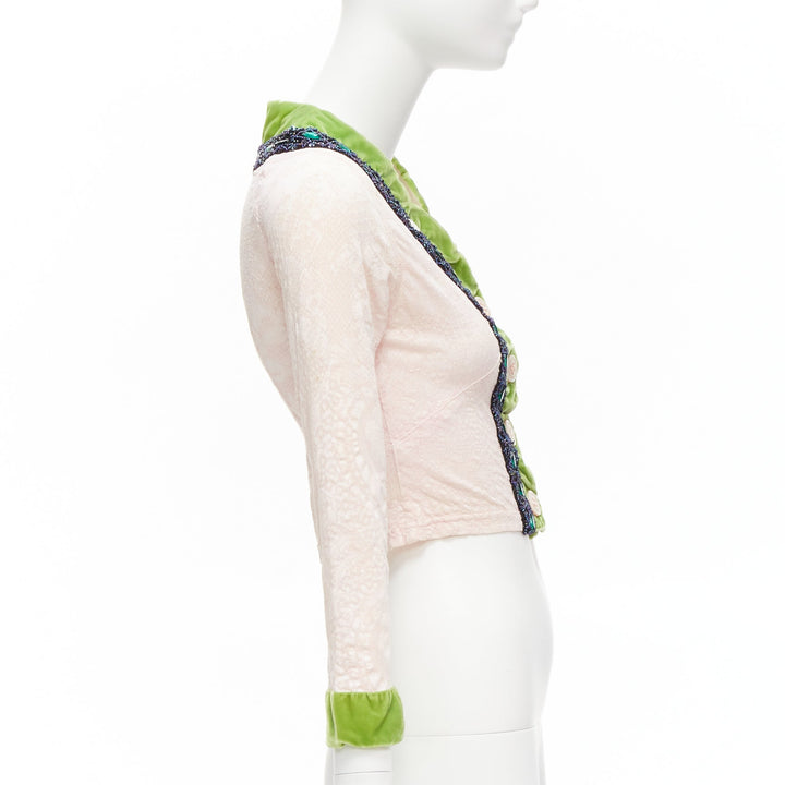 VOYAGE INVEST IN THE ORIGINAL LONDON green velvet pink lace beaded jacket M