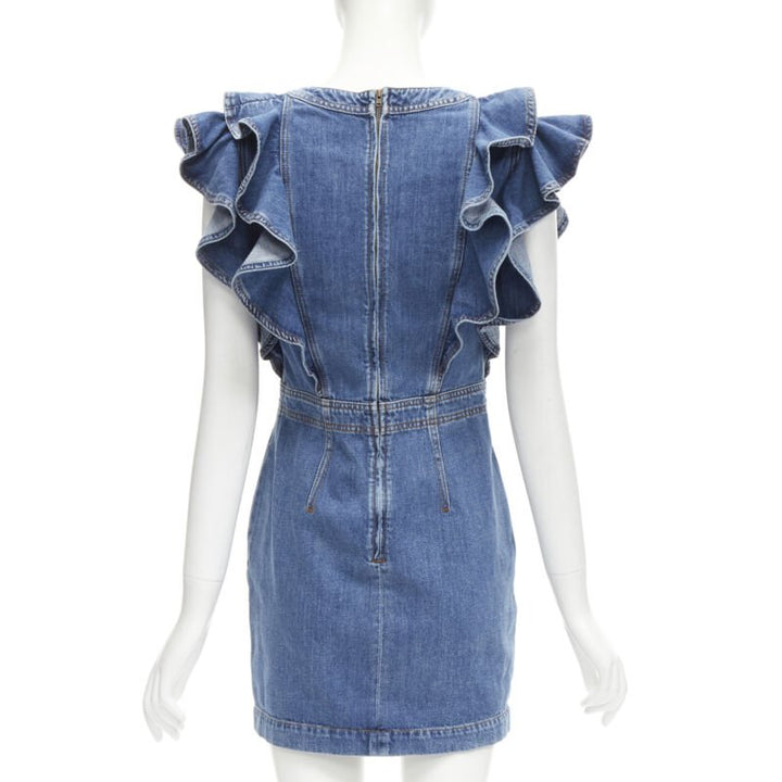 PHILOSOPHY DI LORENZO SERAFINI blue denim ruffled plunge neck dress IT38 XS