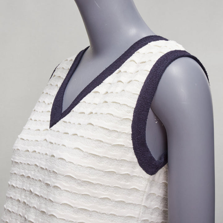 CHANEL cream cotton blend navy towelling trim CC logo knitted vest FR38 M