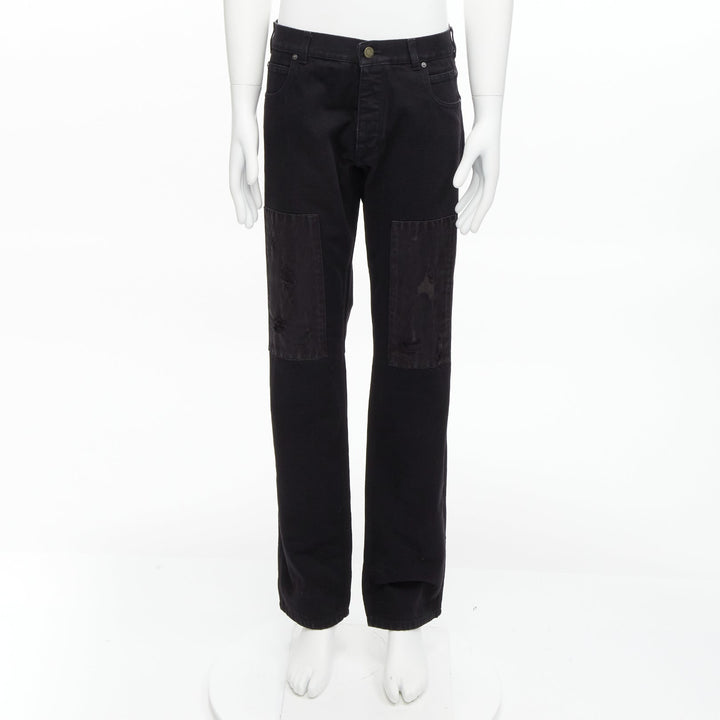 CALVIN KLEIN 205W39NYC Raf Simons black distressed satin patch washed jeans 31"