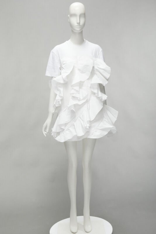 ALEXANDER MCQUEEN 2022 Hybrid white spiral ruffle cotton tshirt dress IT36 XS