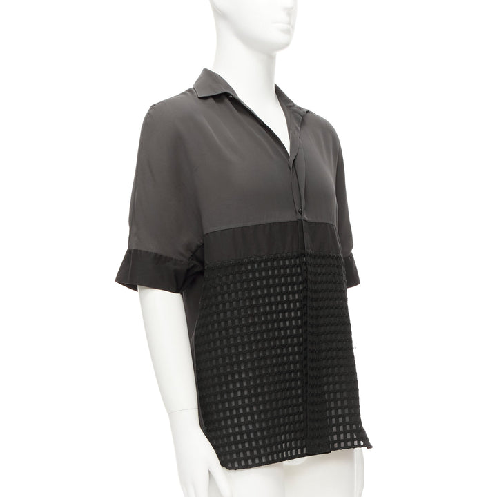 LANVIN grey black silky twill mix texture short sleeves dress shirt EU38/15 S