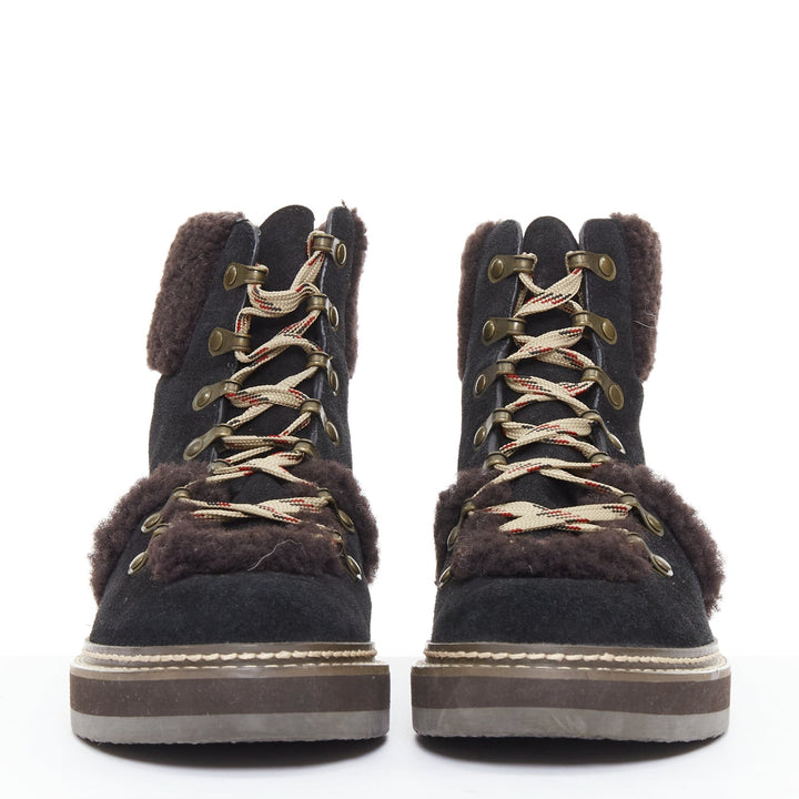 SEE BY CHLOE Eileen brown shearling black suede mountain hiking boots EU37