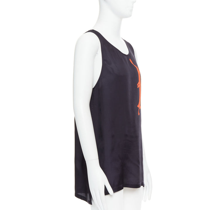 DRIES VAN NOTEN black viscose gothic R print viscose tank top IT46 S