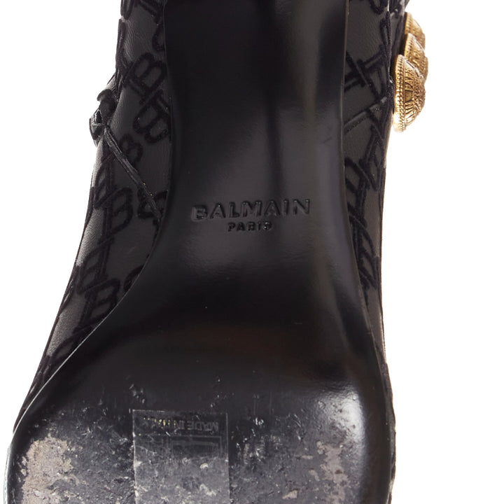 BALMAIN black BB monogram gold buttons high top stiletto boots EU38