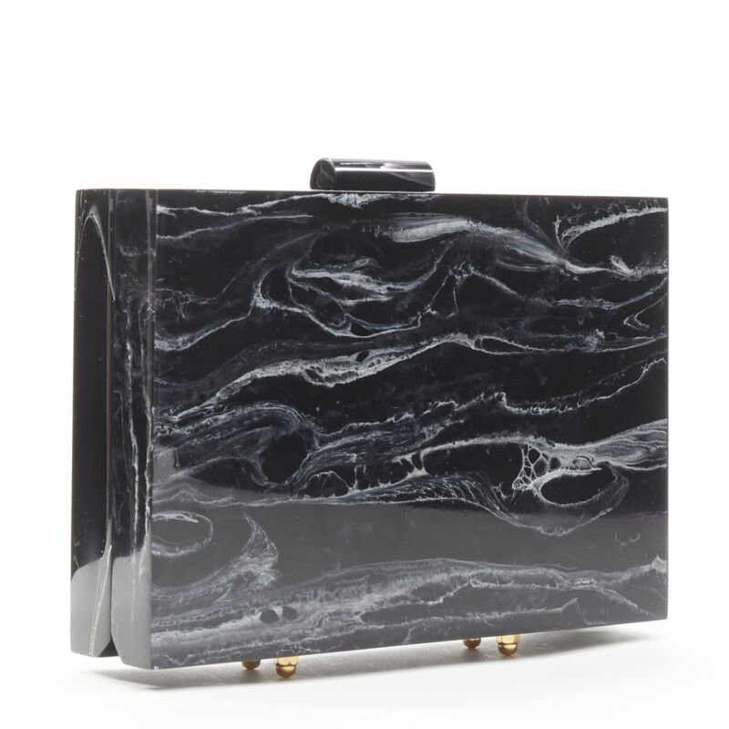 L'AFSHAR black white marble print acrylic gold hardware box clutch bag