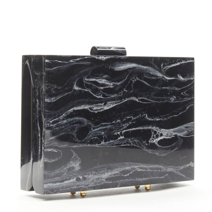 L'AFSHAR black white marble print acrylic gold hardware box clutch bag