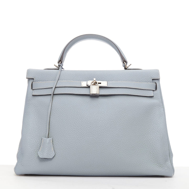 HERMES Kelly 35 Bleu Gacier Clemence sports canvas strap satchel bag