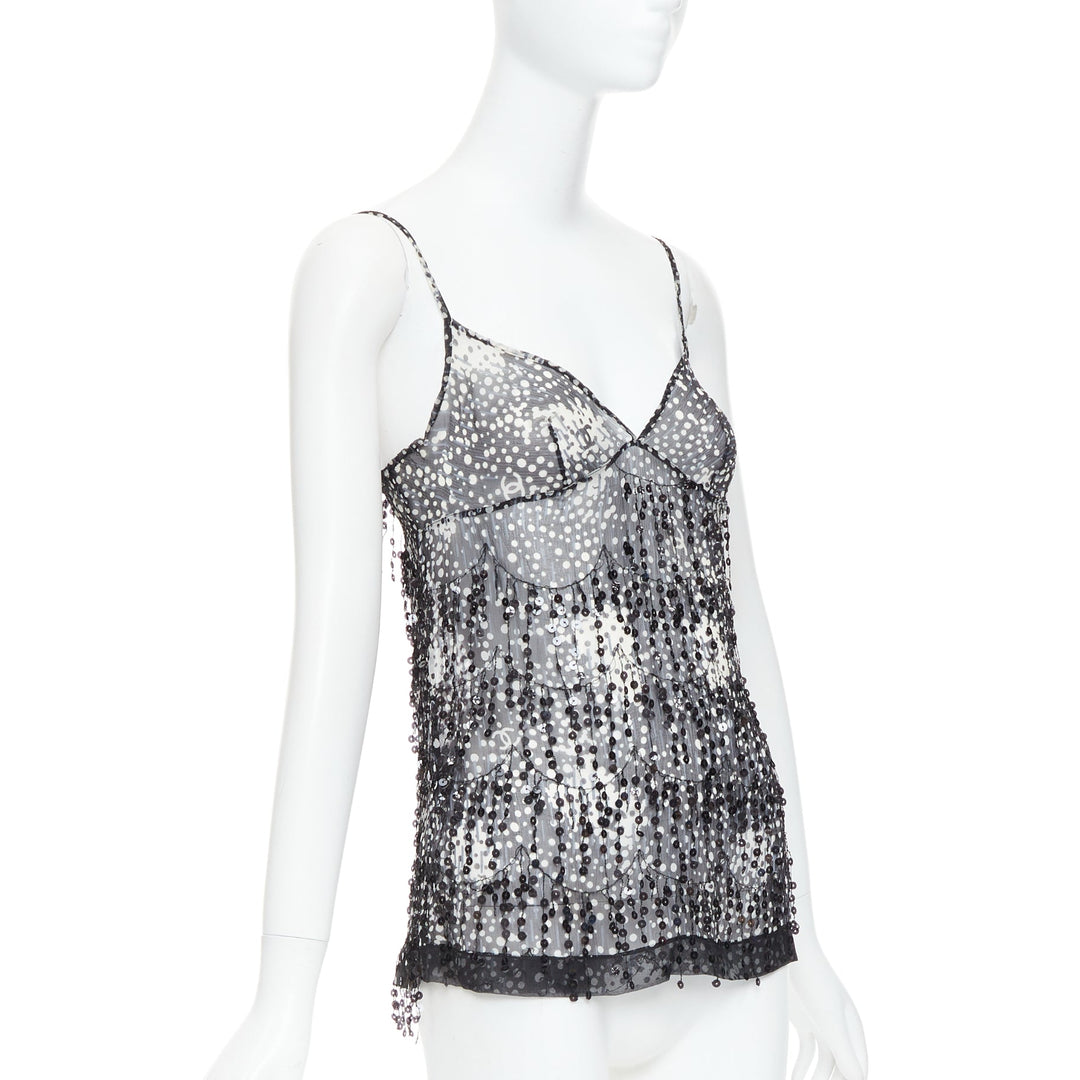 CHANEL 02A black grey sequin fringe applique sheer camisole FR38 M