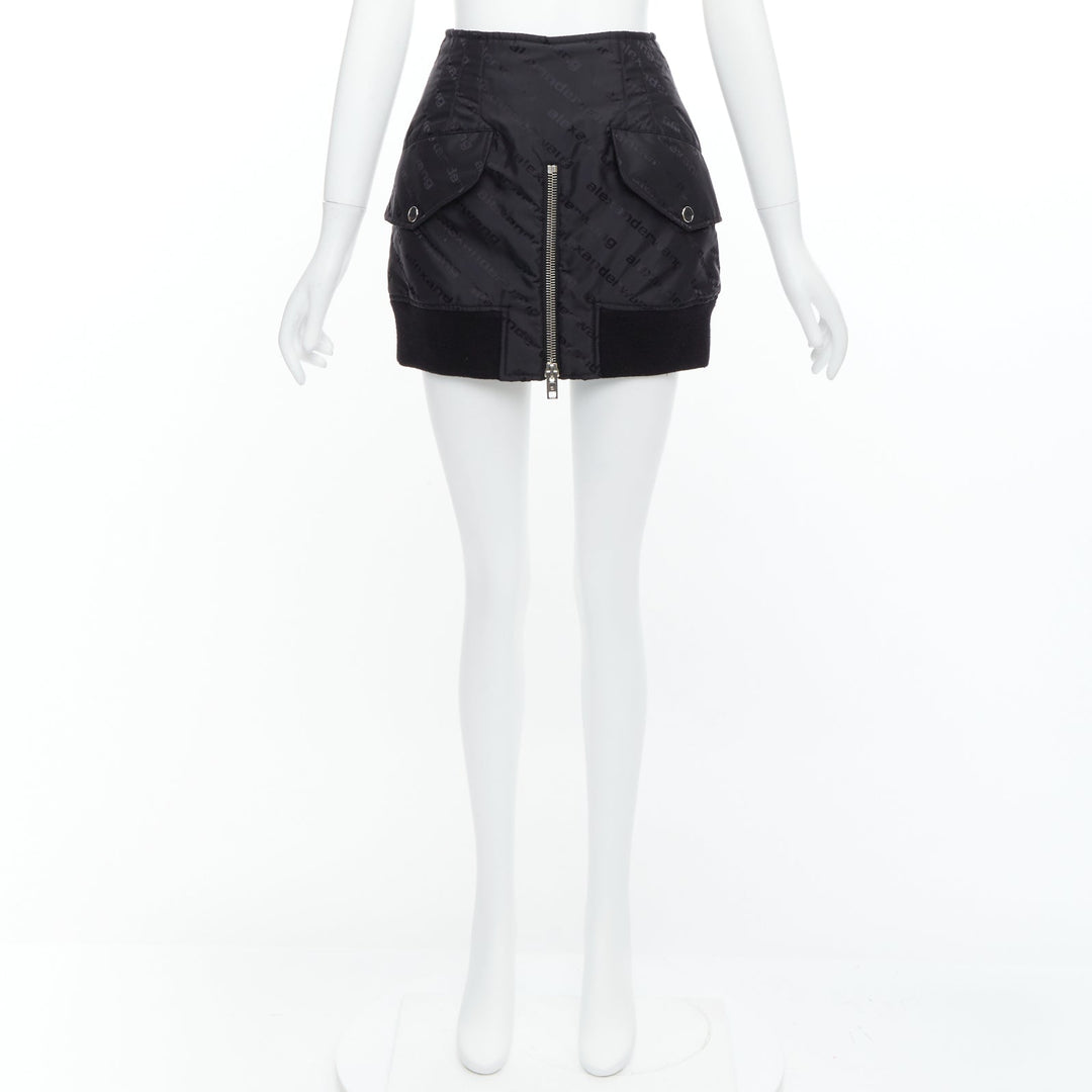 ALEXANDER WANG black logo print deconstructed bomber nylon mini skirt US0 XS