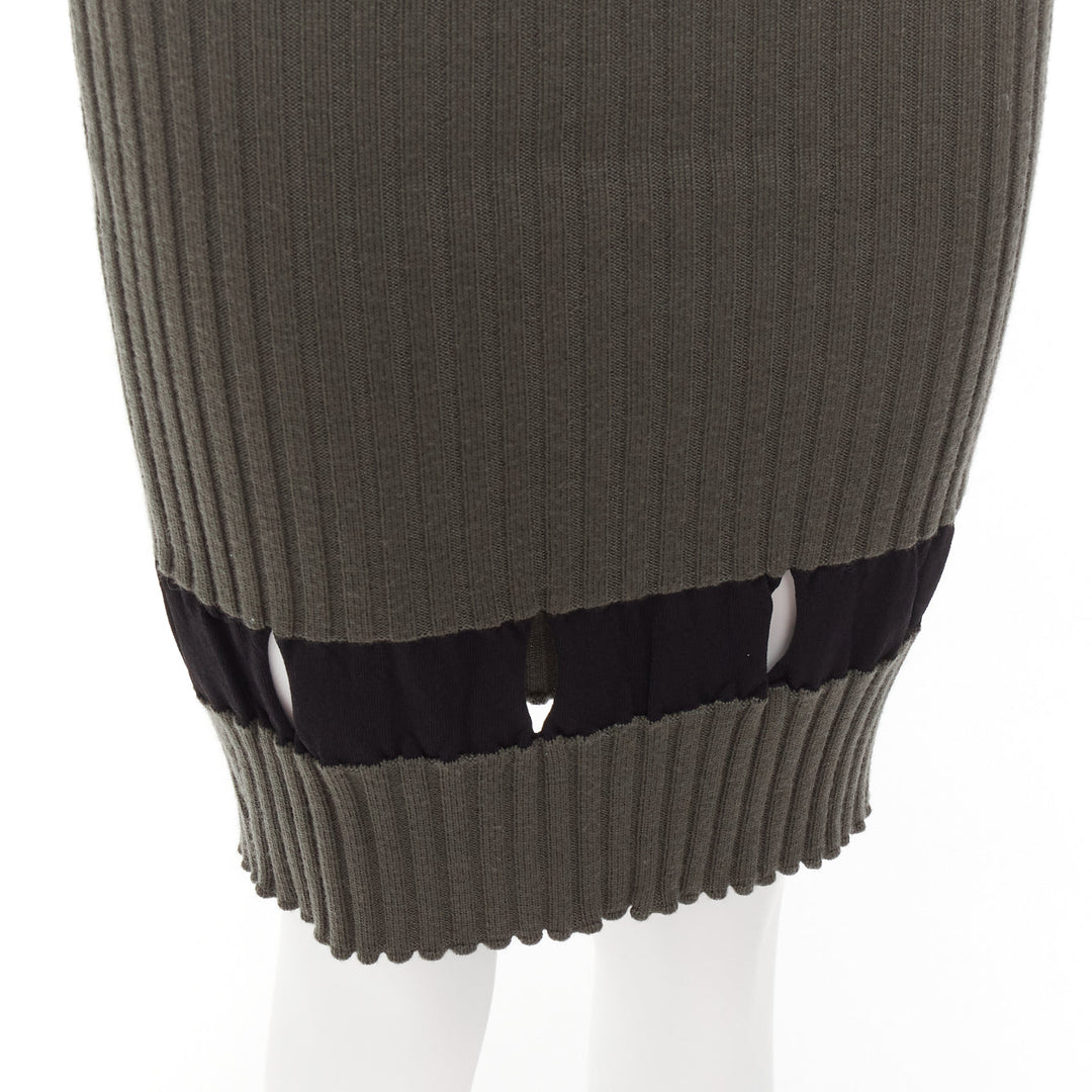 ALEXANDER WANG khaki black ribbed cut out pencil knee skirt XS