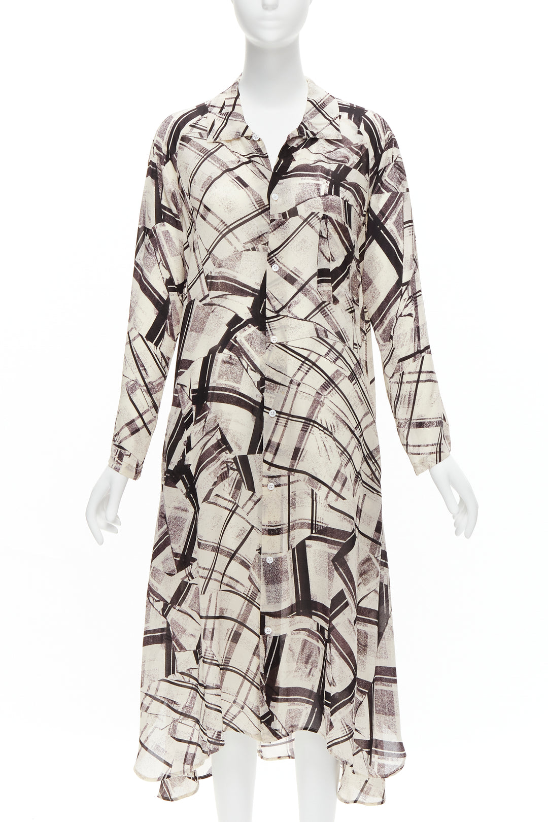YOHJI YAMAMOTO Y'S abstract checked patchwork printed draped shirt dress JP1 S