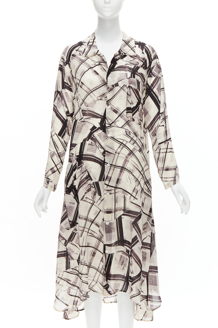 YOHJI YAMAMOTO Y'S abstract checked patchwork printed draped shirt dress JP1 S