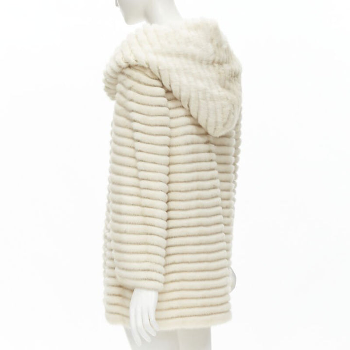 MARCO VANOLI cream tulle fur stripes buttoned asymmetric hooded jacket IT40 S