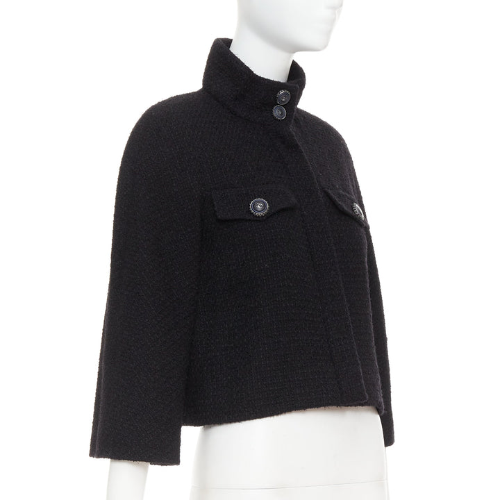 CHANEL 19A black wool tweed CC logo buttons high collar crop jacket FR34 XS