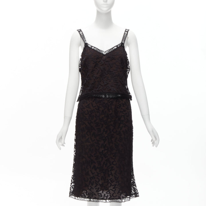 rare CHANEL 98A Karl Lagerfeld Runway Vintage black CC lace cami skirt FR40 L