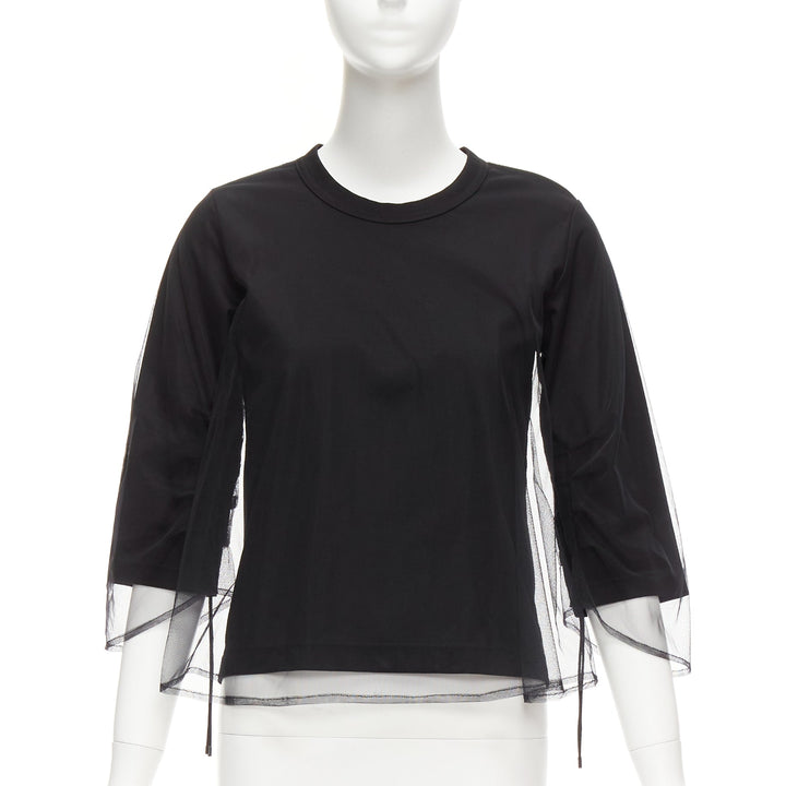 NOIR KEI NINOMIYA 2018 black cotton sheer tulle overlay ruched sleeves tshirt XS