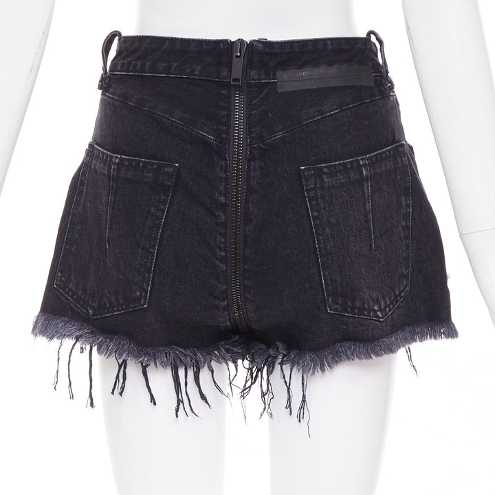 UNRAVEL PROJECT dark blue cotton zip around distressed mini shorts 25"