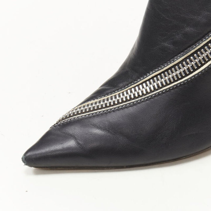 OLD CELINE Phoebe Philo black leather twist silver zip cone heel bootie EU36.5