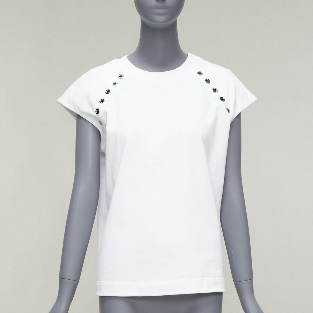 ALEXANDER MCQUEEN white cotton eyelet detail  studded cap sleeve top  IT38 XS