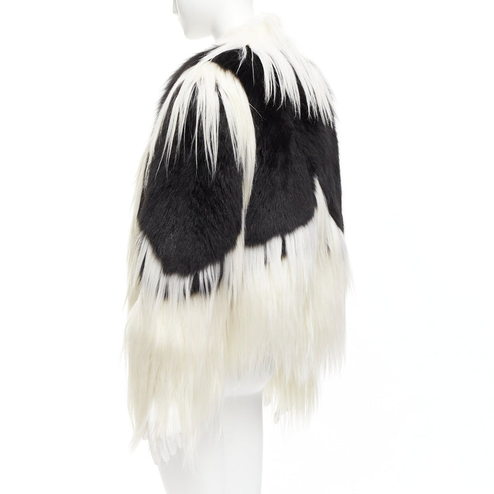 REVILLON black white rare goat rex rabbit fur patchwork long sleeve coat FR36 S