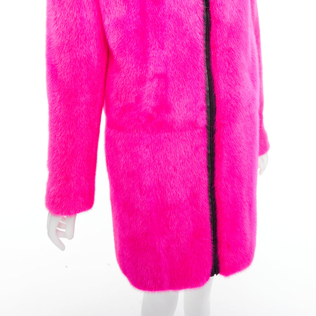 SAINT LAURENT 2015 hot pink mink fur black leather zip long coat FR38 M