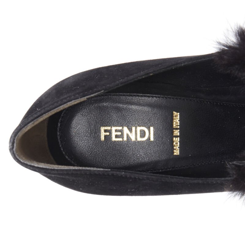 FENDI black suede black white mink fur front point toe chunky heel pump EU37.5