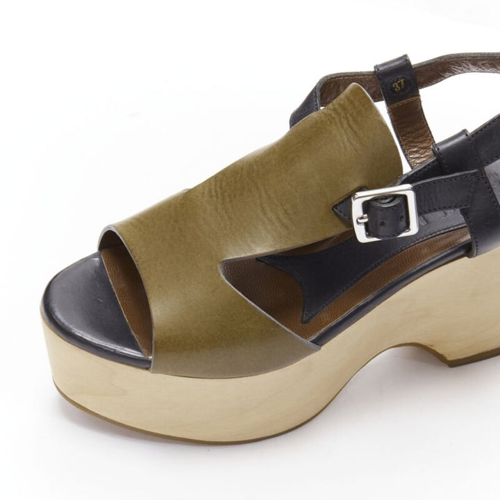 MARNI brown black wooden platform wedged sandals EU37