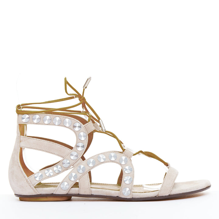 AQUAZZURA beige leather silver disc studded gladiator sandals EU36