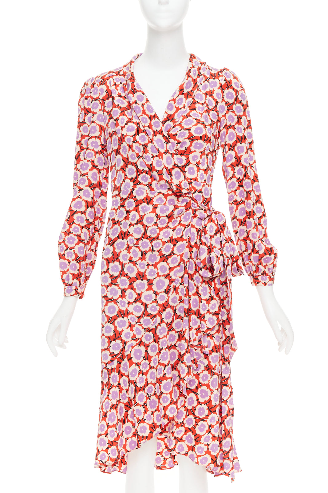 DIANE VON FURSTENBERG Carla 100% silk red purple floral wrap dress US2 S