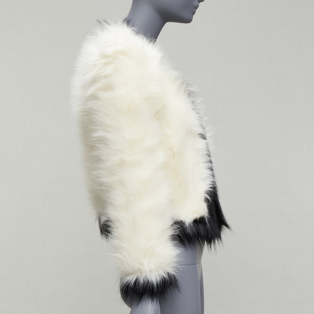 SAINT LAURENT 2021 Runway cream black faux fur cropped jacket FR34 XS