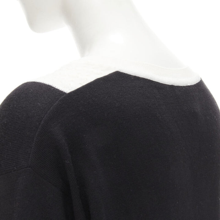 CHANEL 100% wool black white cable knit varsity collar CC charm sweater FR38 M