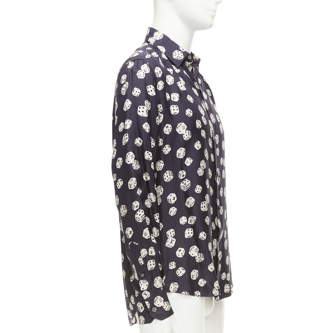 LOUIS VUITTON navy cream 100% silk LV logo dice print regular fit shirt M