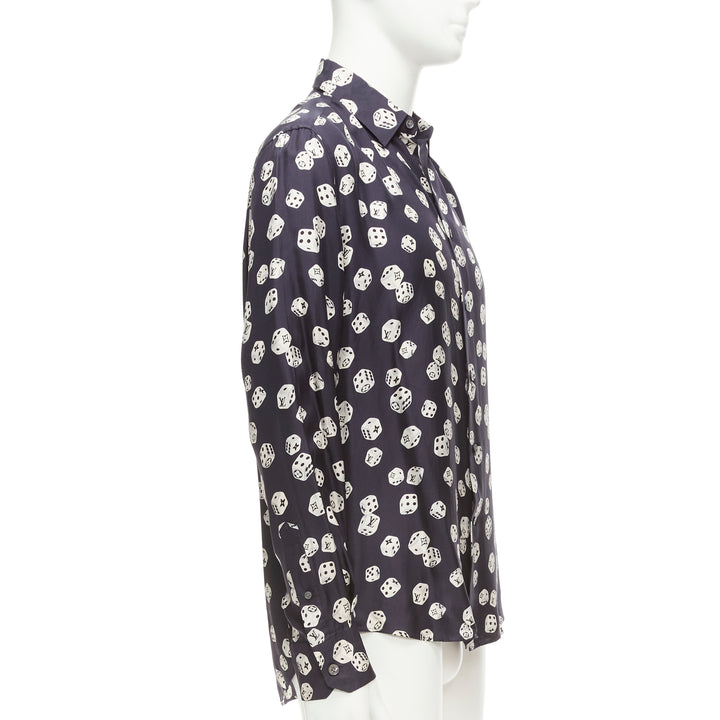 LOUIS VUITTON navy cream 100% silk LV logo dice print regular fit shirt M