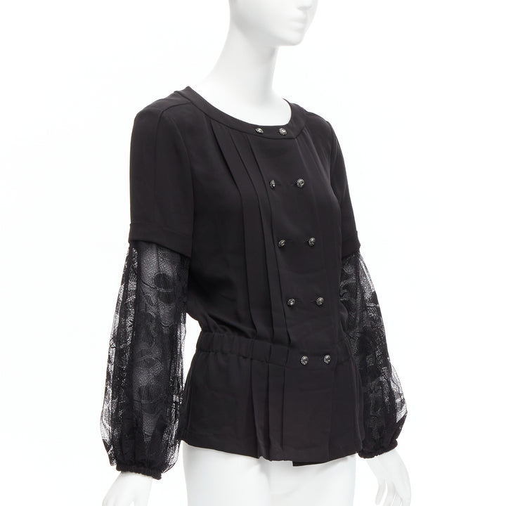 CHANEL 13P silk black floral lace sleeves pleated jacket blouse FR36 S
