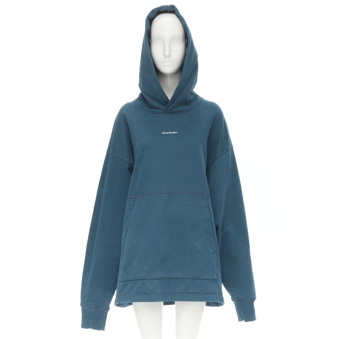 ACNE STUDIOS logo print washed cotton turquoise blue oversized hoodie M