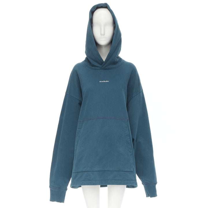 ACNE STUDIOS logo print washed cotton turquoise blue oversized hoodie M