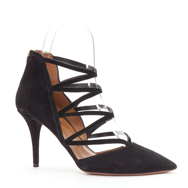 AQUAZZURA Electric black suede criss cross strappy booties pump EU38