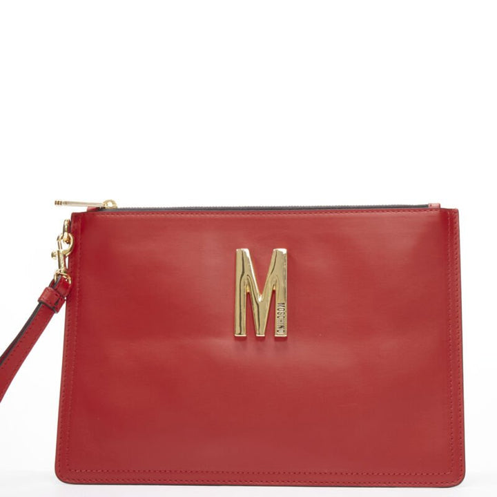 MOSCHINO Couture! smooth red leather gold M top zip wristlet clutch bag